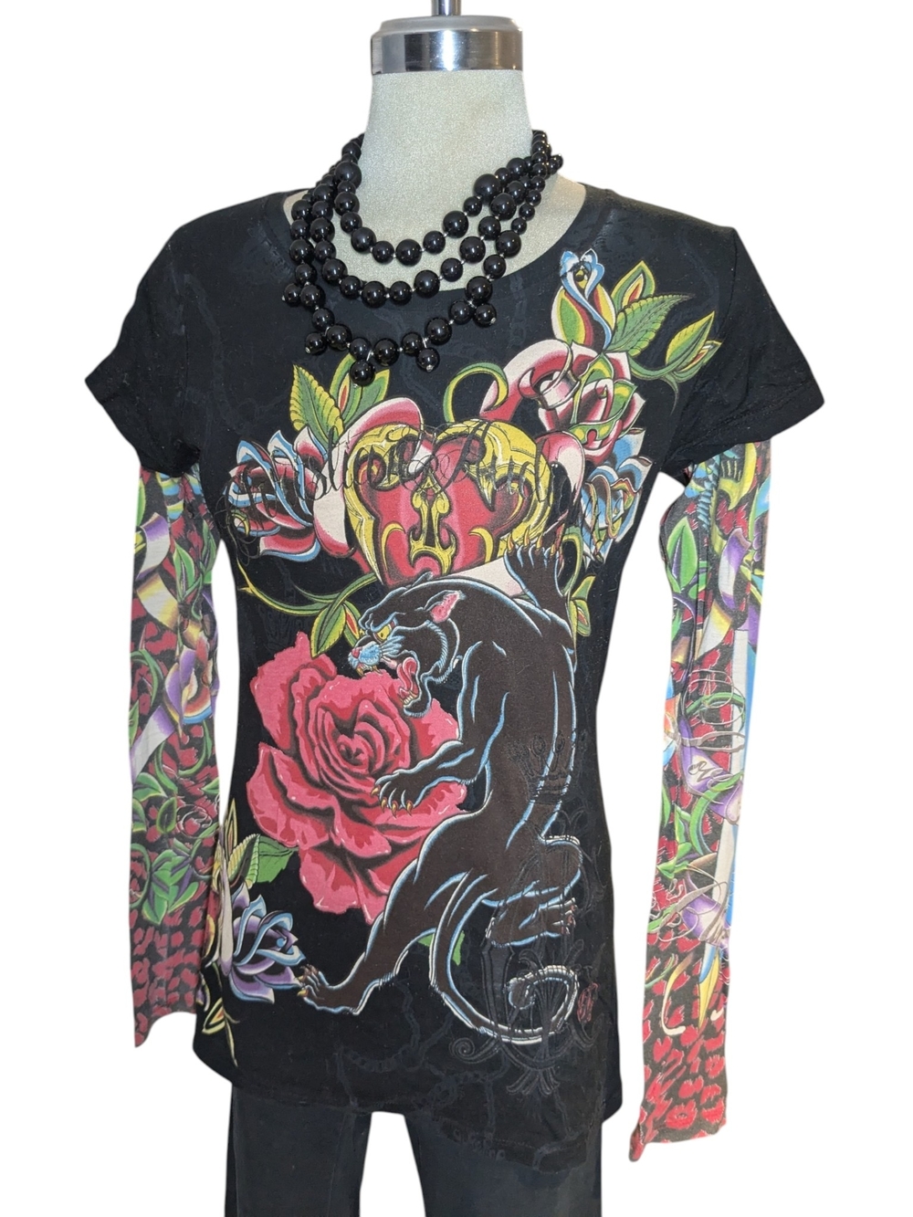 Christian Audiger Black Floral Panther Graphic Long-Sleeve Women’s Top Size M